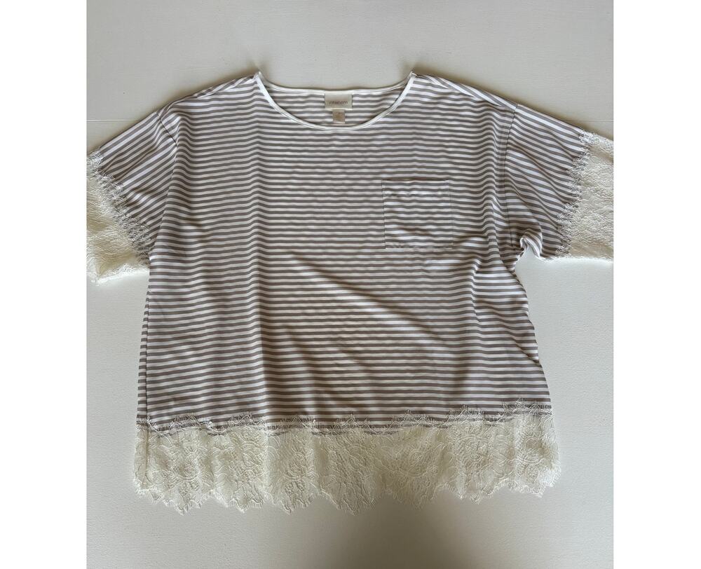 Chico's Lace Trim Taupe White Striped Short Sleeve Blouse Pocket Size 2 (Large)